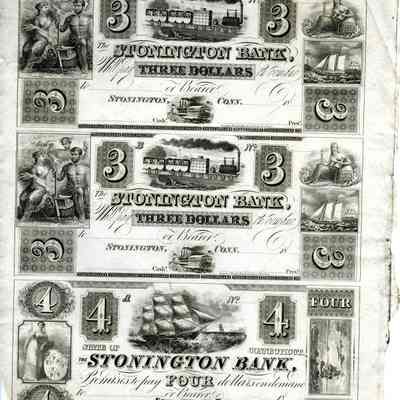 Partial sheet of bank notes from Stonington Bank $3.00, $3.00 and $4.00