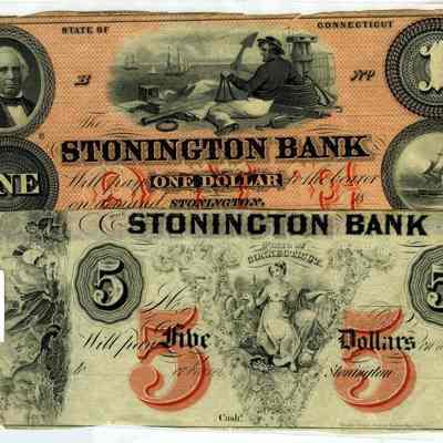 One Dollar and Five Dollar checks from Stonington Bank