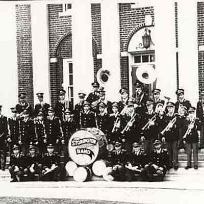 Stonington Band on steps of Town Hall with instruments, Stonington CT