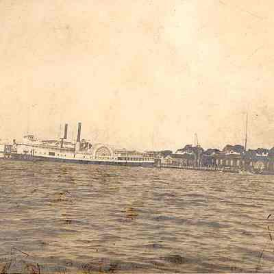Yacht Viola and 2 Sound Steamboats at mooring, Stonington CT