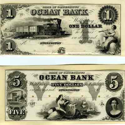 One Dollar and Five Dollar notes from Ocean Bank