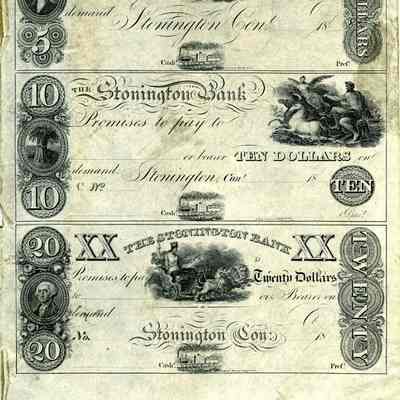 Partial sheet of Notes from Stonington Bank ($5, $10, $20)
