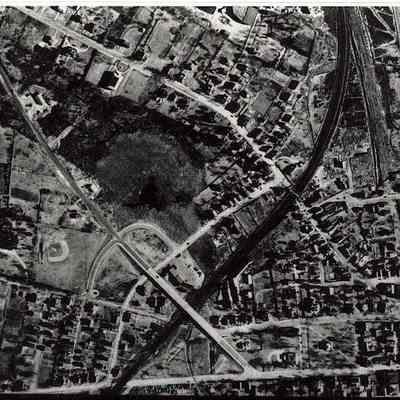 Aerial view of north end of Borough with viaduct and railroad tracks