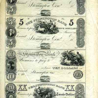 Full sheet of Notes from Stonington Bank ($5, $5, $10, $20)