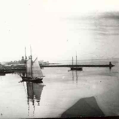 1828-1830 breakwater with tower of Trumbull factory in background, Stonington CT