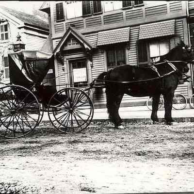 Horse and buggy outside of Dr. C. P. Brayton & Co. Pharmacists. Corner of High Street and Main Street, Stonington CT