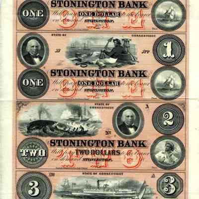 Full bank note sheet from Stonington Bank $1.00, $1.00,$2.00, $3.00