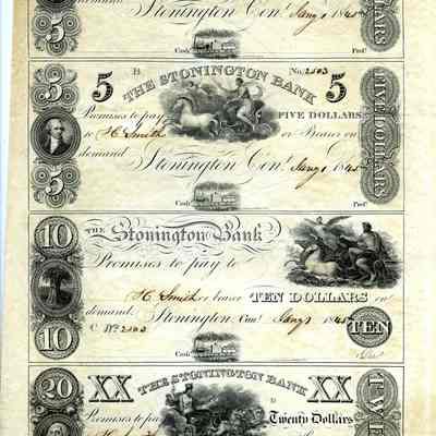 Full bank note sheet from Stonington Bank $5.00, $5.00, $10.00. $20.00