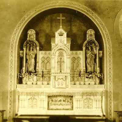 Front of church with insert of Father Pettencourt