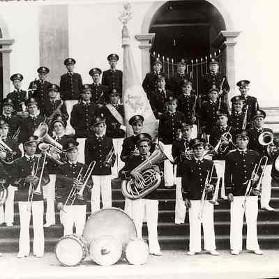 Band on steps of building with instruments, Stonington CT