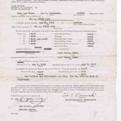 WWI Discharge allotment form Pvt. 1st class Leo E. Borowski