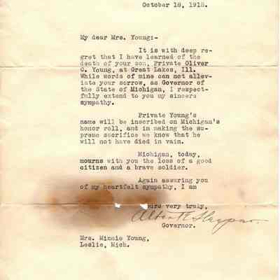 WWI Death Letter to Leslie MI Young Family
