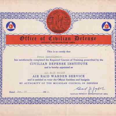 Civil Defense Certificate, Detroit WWII