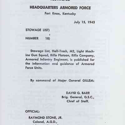 Stowage List #18, M2, Light Machine Gun