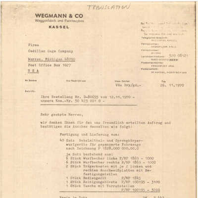 Order Confirmation, Wegmann & Co.