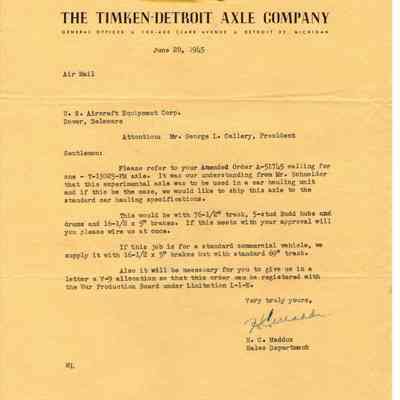 Letter, Timken to US Aircraft Equipment June 1945