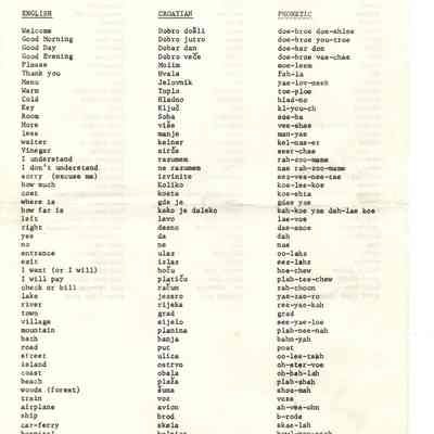 English/Croatian translator sheet