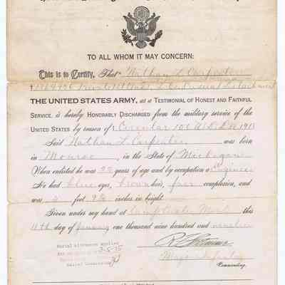 Honorable Discharge Certificate United States Army 1919