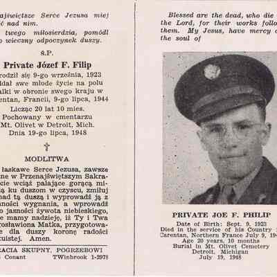 Re-Interment Card for Private Joe F. Filip, KIA in France, July 9, 1944