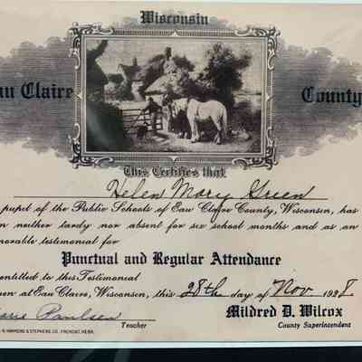 Helen Mary Green Punctual and Regular Attendance Certificate