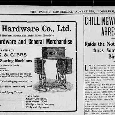For reference only: Sender to O Blackstad, Pacific Hardware Co., Ltd advertisement in The Pacific Commercial Advertiser 1908.