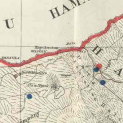 For reference only - Post Office in Paradise Website: Detail of Donn’s 1903 update of the 1885 Hawaiian Government Survey map [accessed 2019 at David Rumsey’s website: /Search/Maui/Dodge, F.S., Donn, John] [red dots are post offices, blue dots are schools]. The map shows Kahului on the left, Paia center right, Hamakuapoko farther right near the border with the Haiku district, and Haiku far right. For scale, a straight line between Kahului and Haiku is about 9.8 miles; and between Paia and Haiku only about 3.1 miles but that distance is a bit misleading because Maliko Gorge (the gray shaded area to the right of the red district border line running top to bottom between Hamakuapoko and Haiku) was an obstacle. Donn’s updates reflect the state of affairs in 1903, after a territorial post office was opened at Haiku.