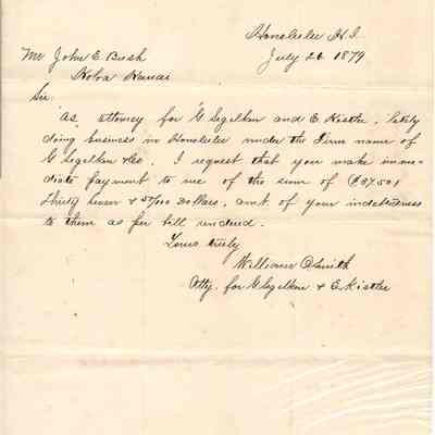 Author's Personal Collection: Collection letter addressed to John E Bush, Governor of Kauai, dated July 26, 1879

Heinrich Koehler Auctions GmbH & Co. KG Sale - 384
Public Auction: German and International Philately - September 19-28, 2024 Lot 1734