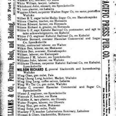 For reference only: According to the Polk 1890 Directory, showsharness maker and saddler, Main, Wailuku