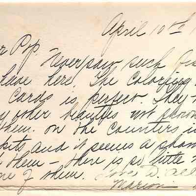 Author's Personal Collection: Inscribed April 10th 1916.
Dear Pop, Never saw such fish in my ? here. The colorizing on these cards is perfect. They have many other beauties in show. You must? see them. On the counters in the markets and it seems a shame to catch them - there is so little meat on some of them.  Loves to All, from Marion