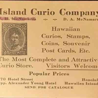 For reterence only: The Island Curio Co. was a significant producer of Hawaiian postcards and souvenirs in Honolulu from the 1890s until the 1930s, founded by James Steiner. The company was known for its collection of Polynesian artifacts and its mass-produced postcards featuring Hawaiian scenes, local fish, and royal portraits, serving as a major historical visual link between Hawaii and the West. While the original company no longer exists, its name and vintage imagery are still found on modern art prints, signs, and other merchandise today.