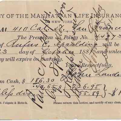 Author's Personal Collection: Insurance policy premium notice for Rufus C. Spalding. Crossover notation shows Paid by Spreckles Bros.