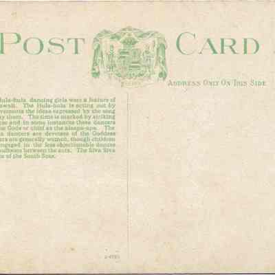 Author's Personal Collection: Postcard back. Published by Hawaii and South Seas Curio Co., Honolulu, Hawaii