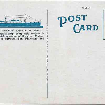 Author's Personal Collection: Unused postcard. Postcard is advertising the Matson Line. Circa: 1930-1939