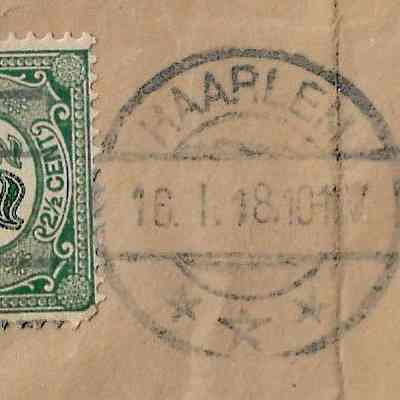 Author's Personal Collection: Cover Cancelled Date 18th Day, Jan 1918.
Haarlem is a city outside of Amsterdam in the northwest Netherlands.