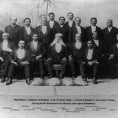 For reference only: Photograph shows group portrait of J.K. Kaulia, John Mahiai Kaneakua, J.W. Bipikane Joseph Nawahi, J.A. Cummins, John E. Bush, J.K. Kaunamano, John L. Kaulukou, Sam M. Kaaukai, H.S. Swinton, L.W.P. Kanealii, John Sam Kekukahiko, D.W. Pua, A.K. Palekaluhi, F.S. Keiki, J. Kekipi, J.K. Merseburg, S.K. Aki, and John K. Prendergast.
John McAllister Schofield collection.
Date based on year of Blount Report (1893 United States House of Representatives Foreign Relations Committee Report regarding the overthrow of the Kingdom of Hawaii).