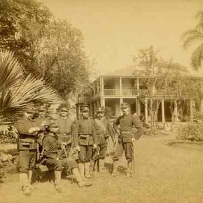 For reference only: USS Boston officers at Camp Boston, Arlington Hotel, Honolulu, Hawaii, 1893.