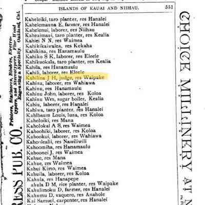 For reference only: Information source: 1890 Polk Kingdom of Hawaii Directory