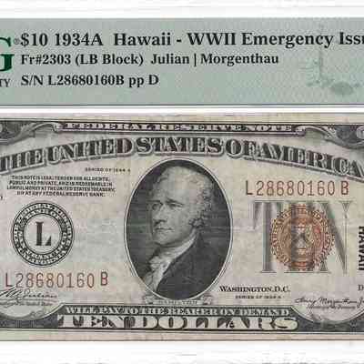 Author's Personal Collection: $10 1934A Hawaii - WWII Emergency Issue. Denomination $10. Quantity Printed -10,424,000