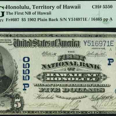 The First National Bank of Hawaii $5 Plain Back