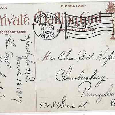 Author's Personal Collection: Postmark cancellation date March 16, 1909 Stamp Missing
