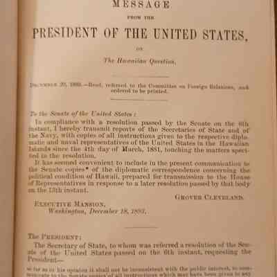 Author's Personal Collection: Book signed Apsley at top right
First page, opens with "To the Senate of the United States", by Grover Cleveland.