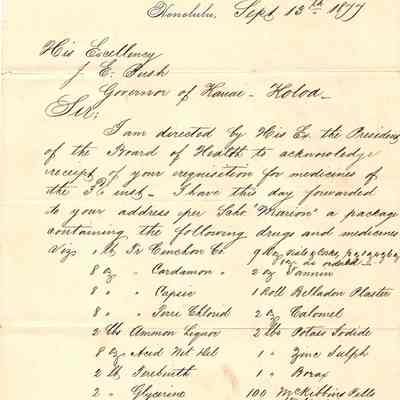 Author's Personal Collection: Charles T Gulick letter, dated September 13, 1877, to John E Bush, Governor of Kauai, acknowledging the receipt of a requisition of a medicine order