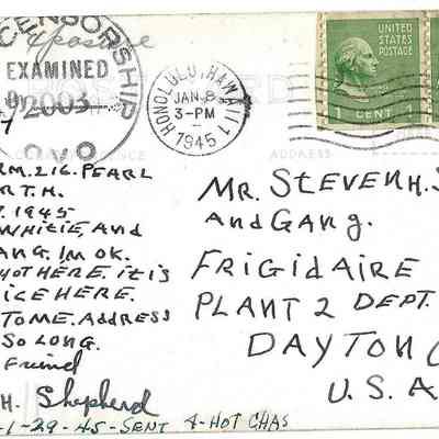Author's Personal Collection: Postcard sent war time Jan 8, 1945 (U. S. Censorship Examined) from Honolulu to Dayton, Ohio