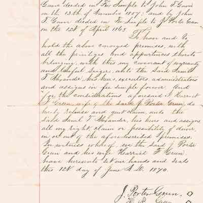 Author's Personal Collection: 2nd inner page of document signed by J Porter Green and his wife H. P. Green.

(Note image color is different due to scanner being partially open while scanning)