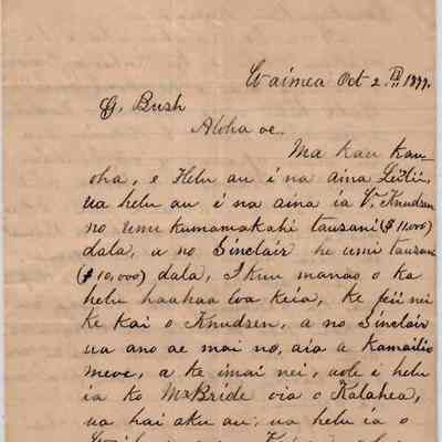 Aberahama Kaikioewa Palekaluhi - Kauai Tax Assessor Letter Dated Oct 2, 1877