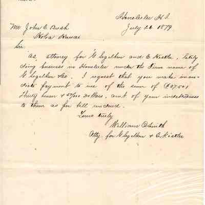Author's Personal Collection: Collection Demand Letter by W O Smith to John E Bush Dated July 26, 1879
