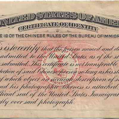 Author's Personal Collection: Inscribed "THE UNITED STATES OF AMERICA CERTIFICATE OF IDENTITY"
ISSUED IN CONFORMITY WITH RULE 19 OF THE CHINESE RULES OF THE BUREAU OF IMMIGRATION DEPARTMENT OF LABOR."