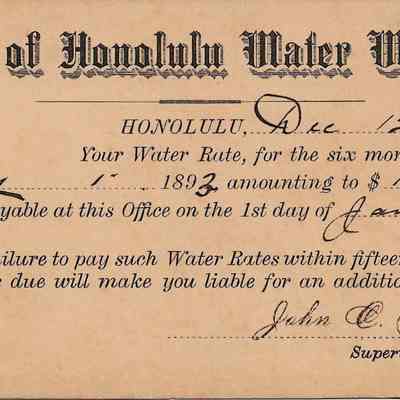 Author's Personal Collection: Water bill inscribed date "Dec 12, 1892"