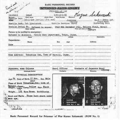 For reference only: Basic Personnel Record for Prisoner of War Kazuo Sakamaki (Note: POW No. 1)