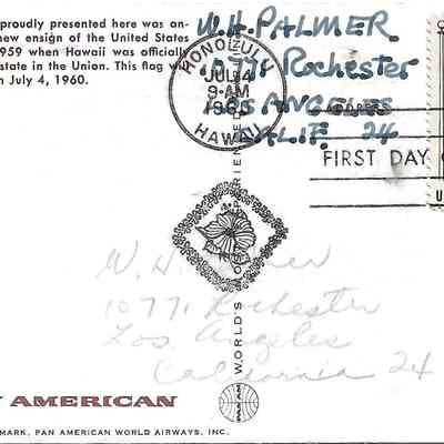 Author's Personal Collection: Pan American Airlines postcard postmarked Honolulu, at 9:00 am on July 4, 1960
